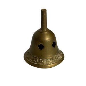 VTG Solid Brass Hand Bell Ornate Etched Leaf Design Cross Cut Outs Dinner Bell
